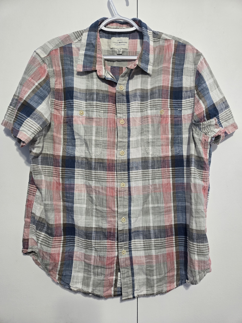 Lucky Brand Shirt Mens XL Plaid Short Sleeve Button Up Cotton Casual Beach Light